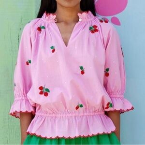 Pink City Prints Pink Beatrice Cotton Strawberry Embroidered Blouse Large